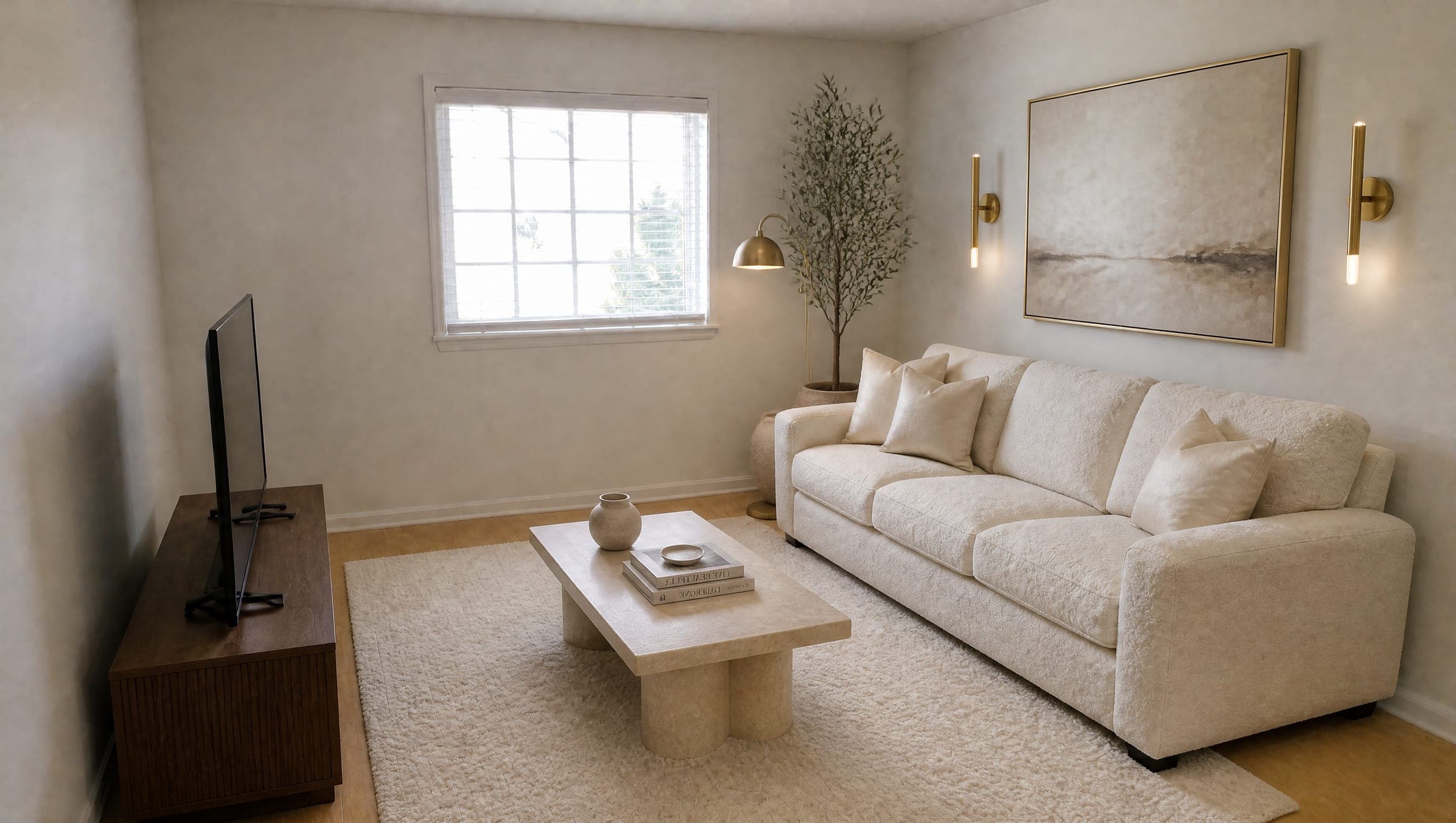 The same room, every piece upgraded in place: a cream bouclé sofa, a travertine table, a walnut console, framed art, brass lights, a wool rug on the same oak floor and an olive tree
